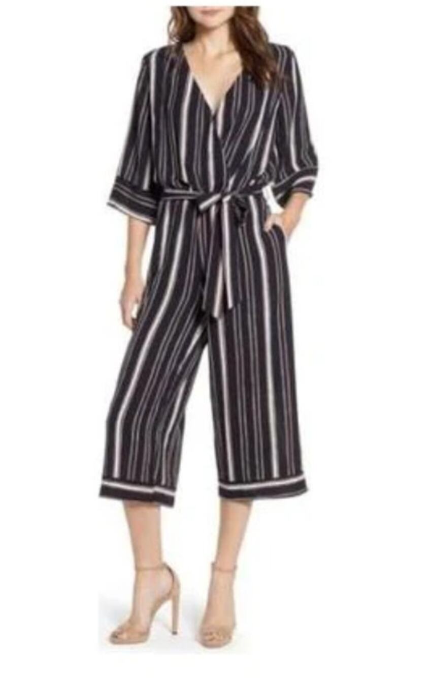 BISHOP & YOUNG Striped 3/4 Sleeve V Neck Tie Waist Jumpsuit // XS